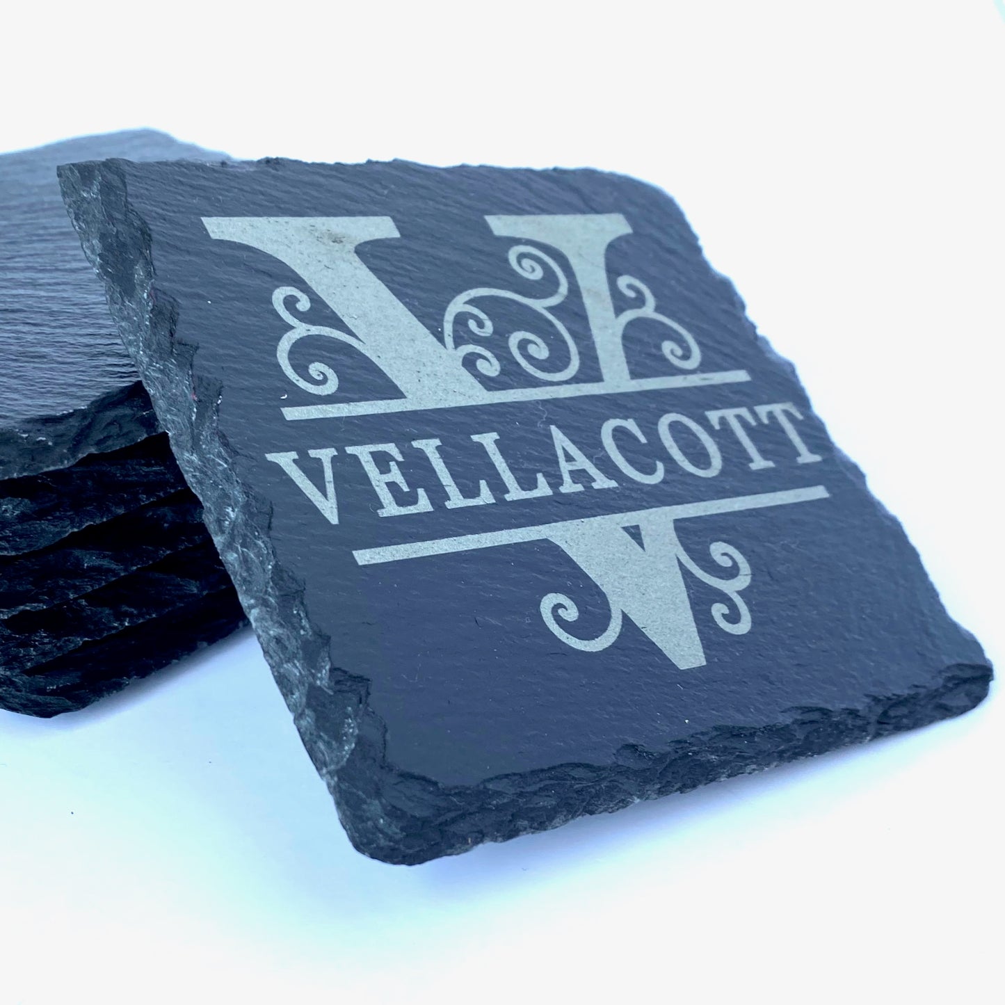 Close up view of the excellent engraving quality on the square slate coaster.