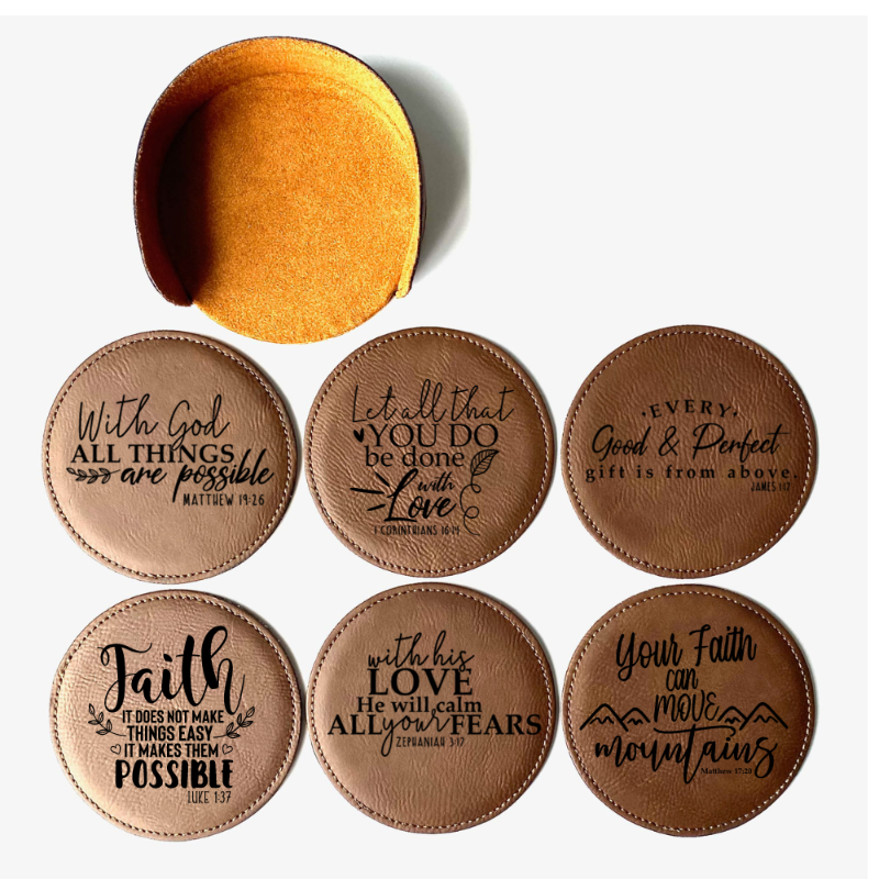 Set of 6 round faux leather Bay Brown colored Inspirational Coasters. 6 different Bible verses to encourage you. Comes with a matching coaster holder.