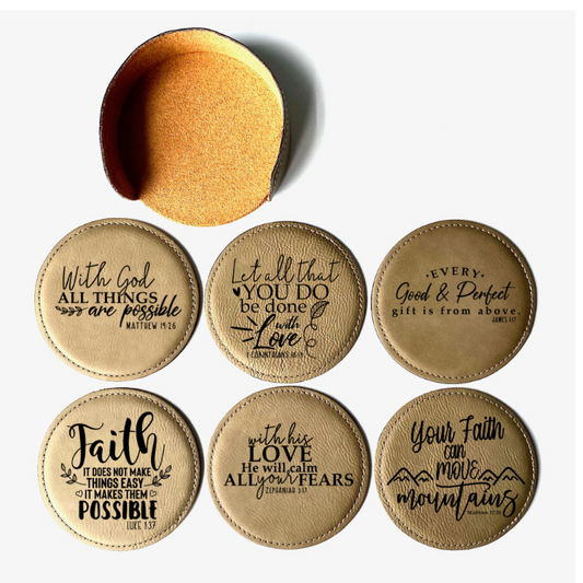 Set of 6 round faux leather Buckskin colored Inspirational Coasters. 6 different Bible verses to encourage you. Comes with a matching coaster holder.