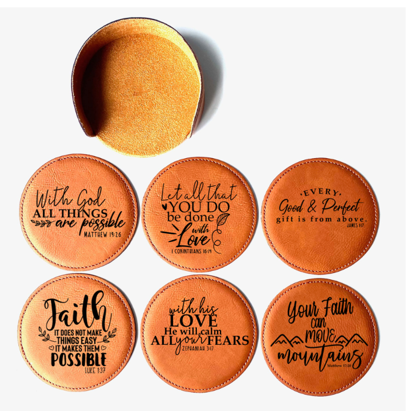 Set of 6 round faux leather Chestnut colored Inspirational Coasters. 6 different Bible verses to encourage you. Comes with a matching coaster holder.