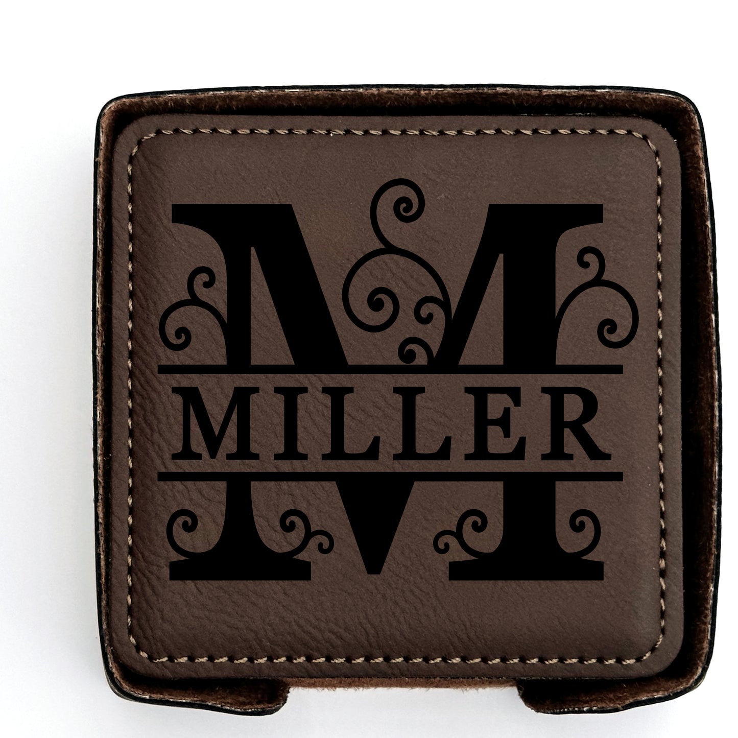 Bay Brown faux leather coaster in holder with personalized Monogram motif.