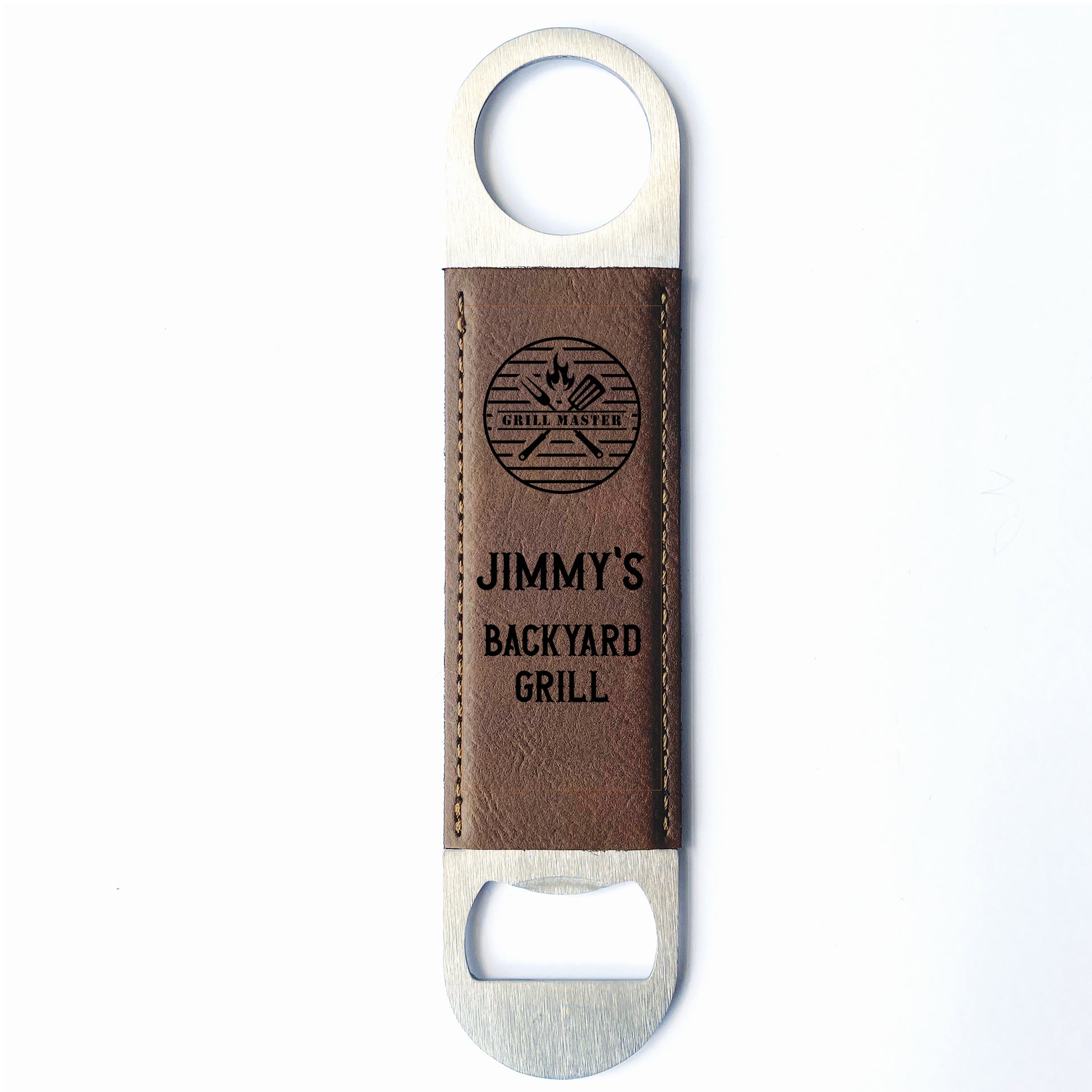 Bay Brown leather custom engraved bottle opener with Grill Master design.