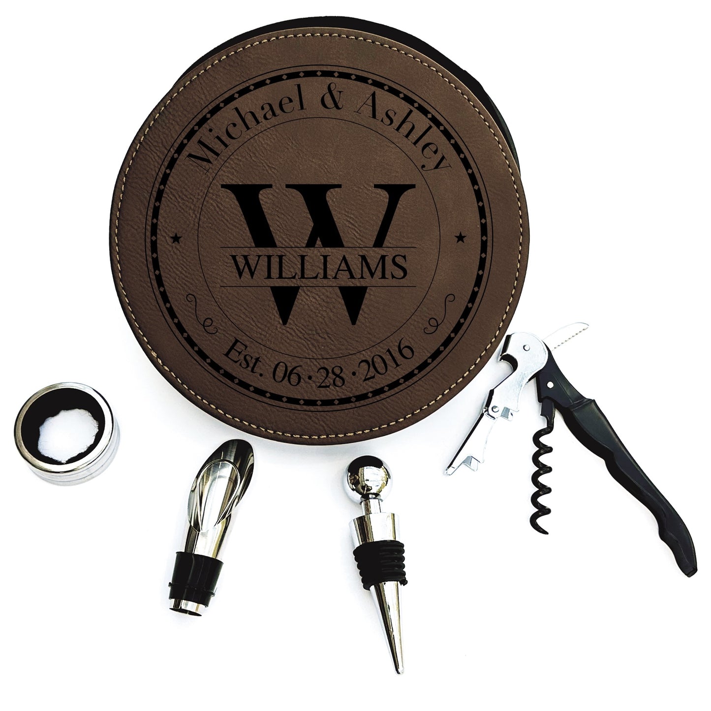 Bay Brown faux leather wine bottle opener set. Displaying 5 tools. Customized with the Monogram Stamp design.