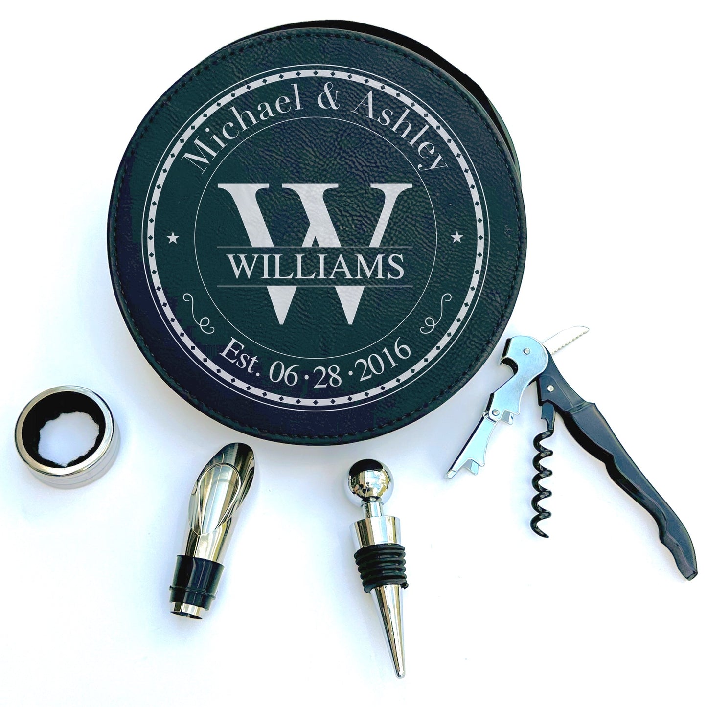 Black faux leather wine bottle opener set. Displaying 5 tools. Customized with the Monogram Stamp design.