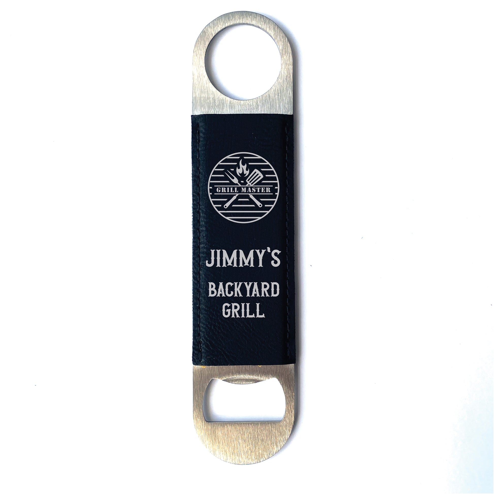 Black leather custom engraved bottle opener with Grill Master design.