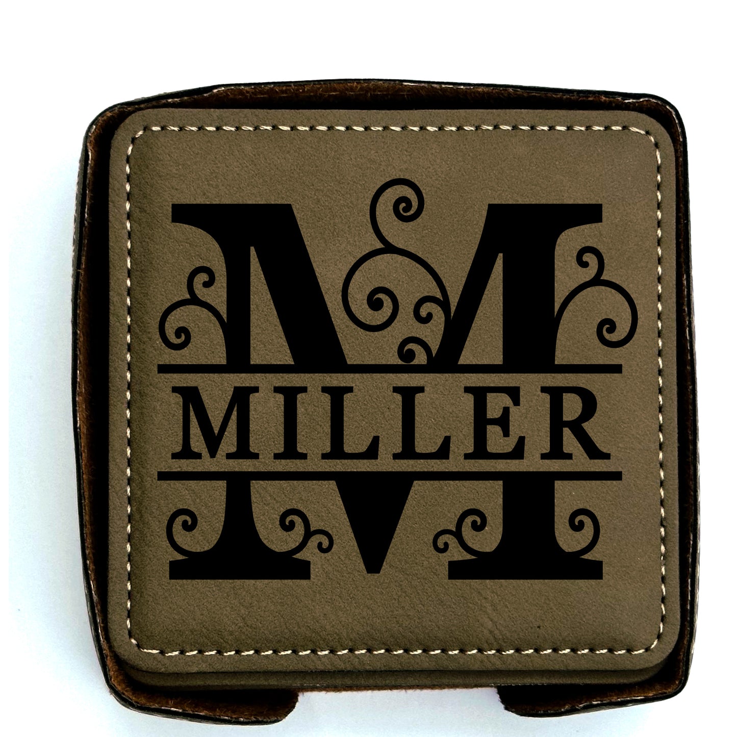 Buckskin faux leather coaster in holder with personalized Monogram motif.