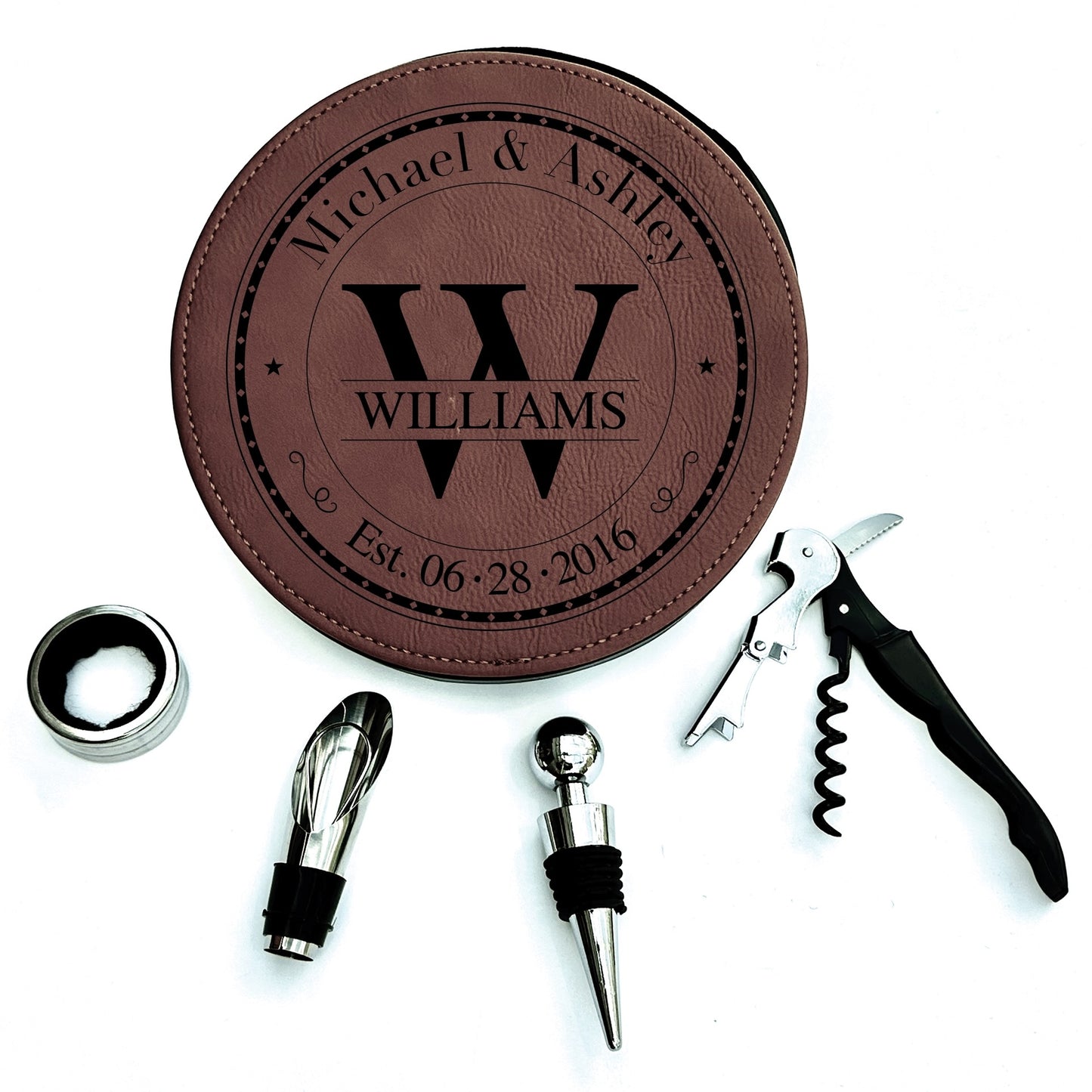 Chestnut faux leather wine bottle opener set. Displaying 5 tools. Customized with the Monogram Stamp design.