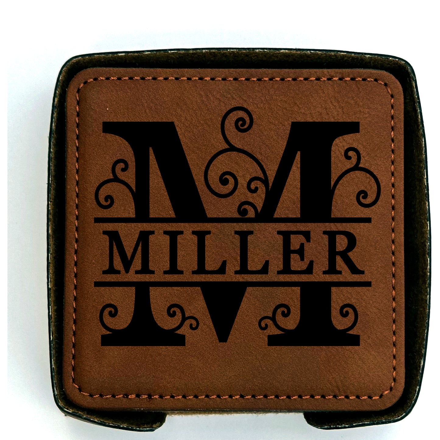 Chestnut faux leather coaster in holder with personalized Monogram motif.