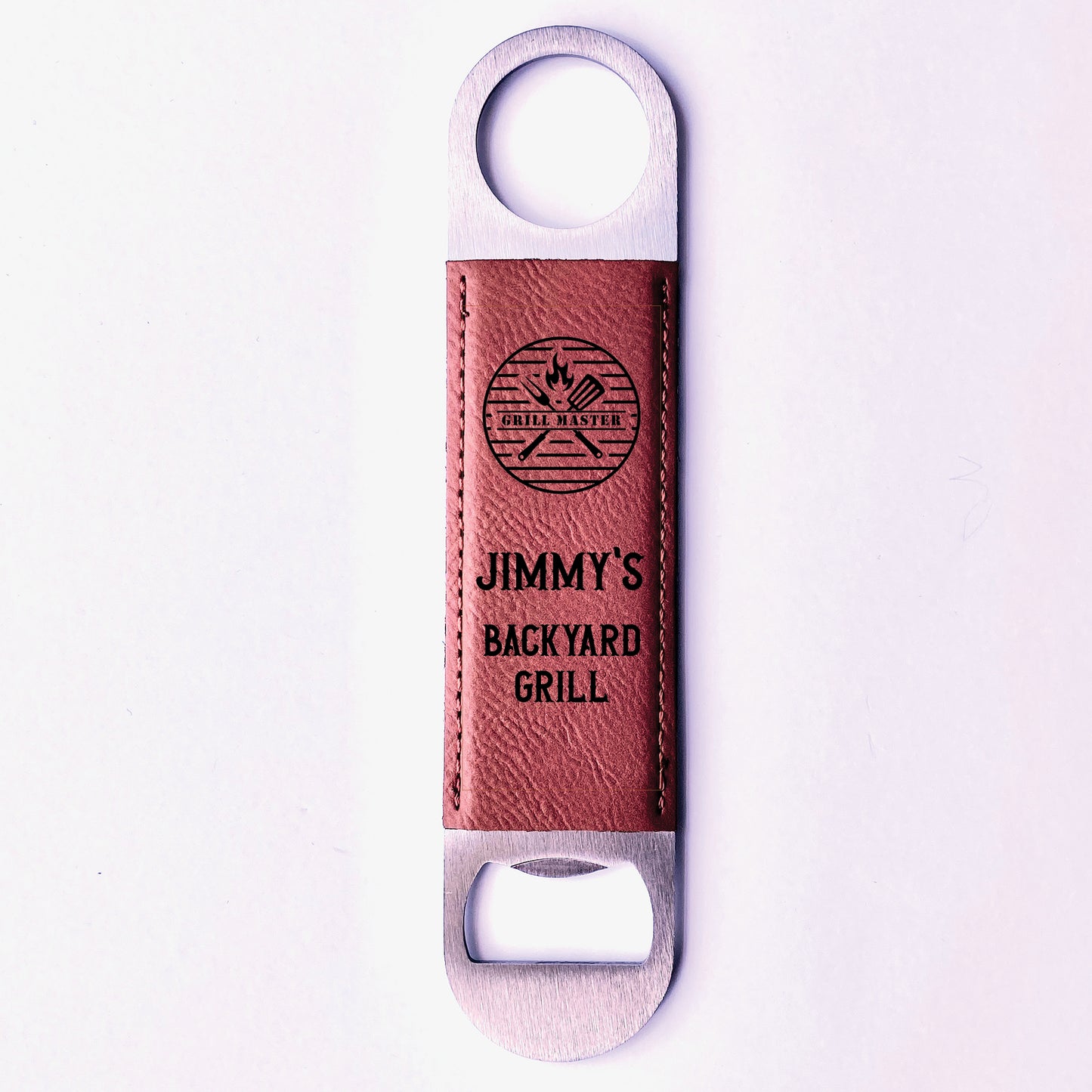 Chestnut leather custom engraved bottle opener with Grill Master design.