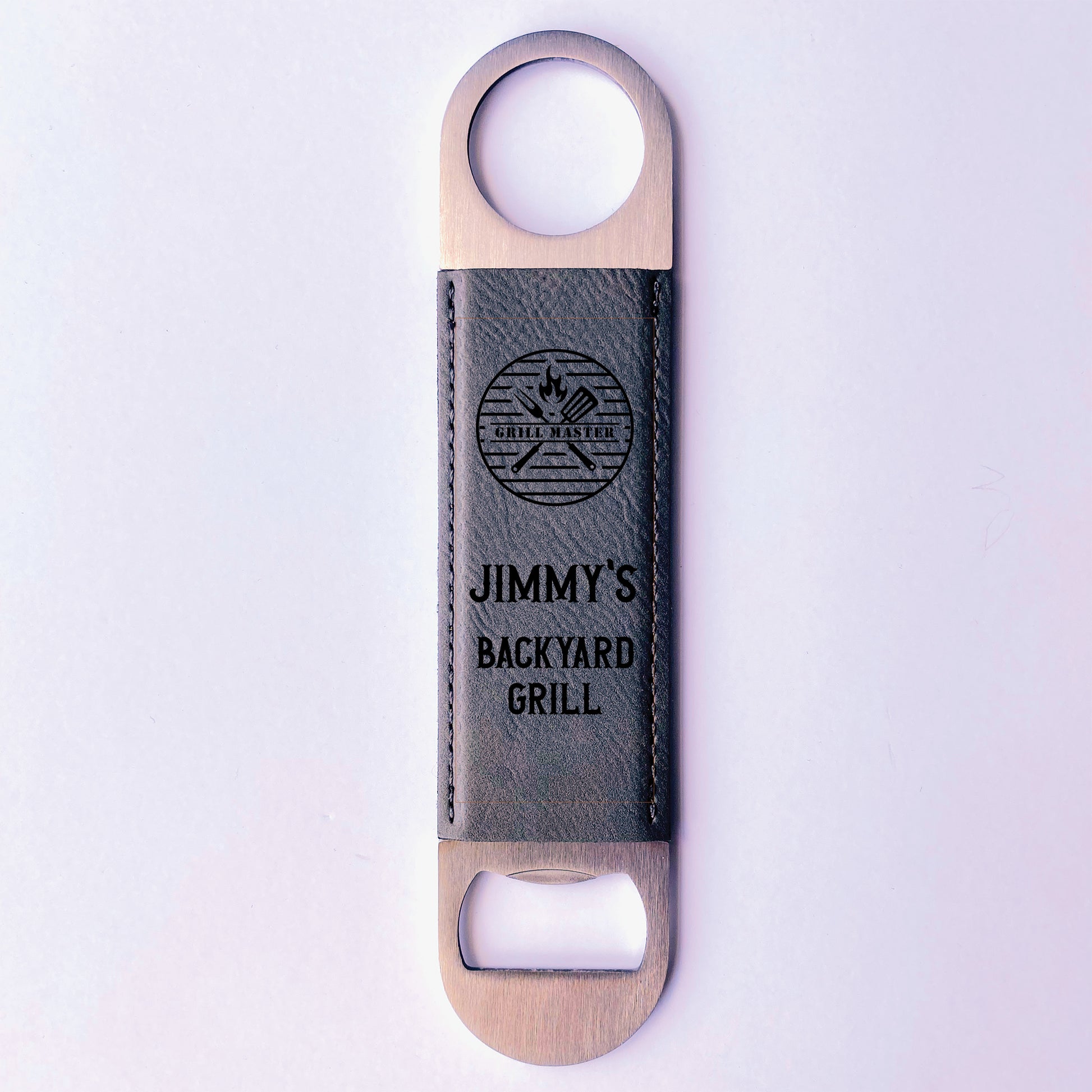 Iron Grey leather custom engraved bottle opener with Grill Master design.