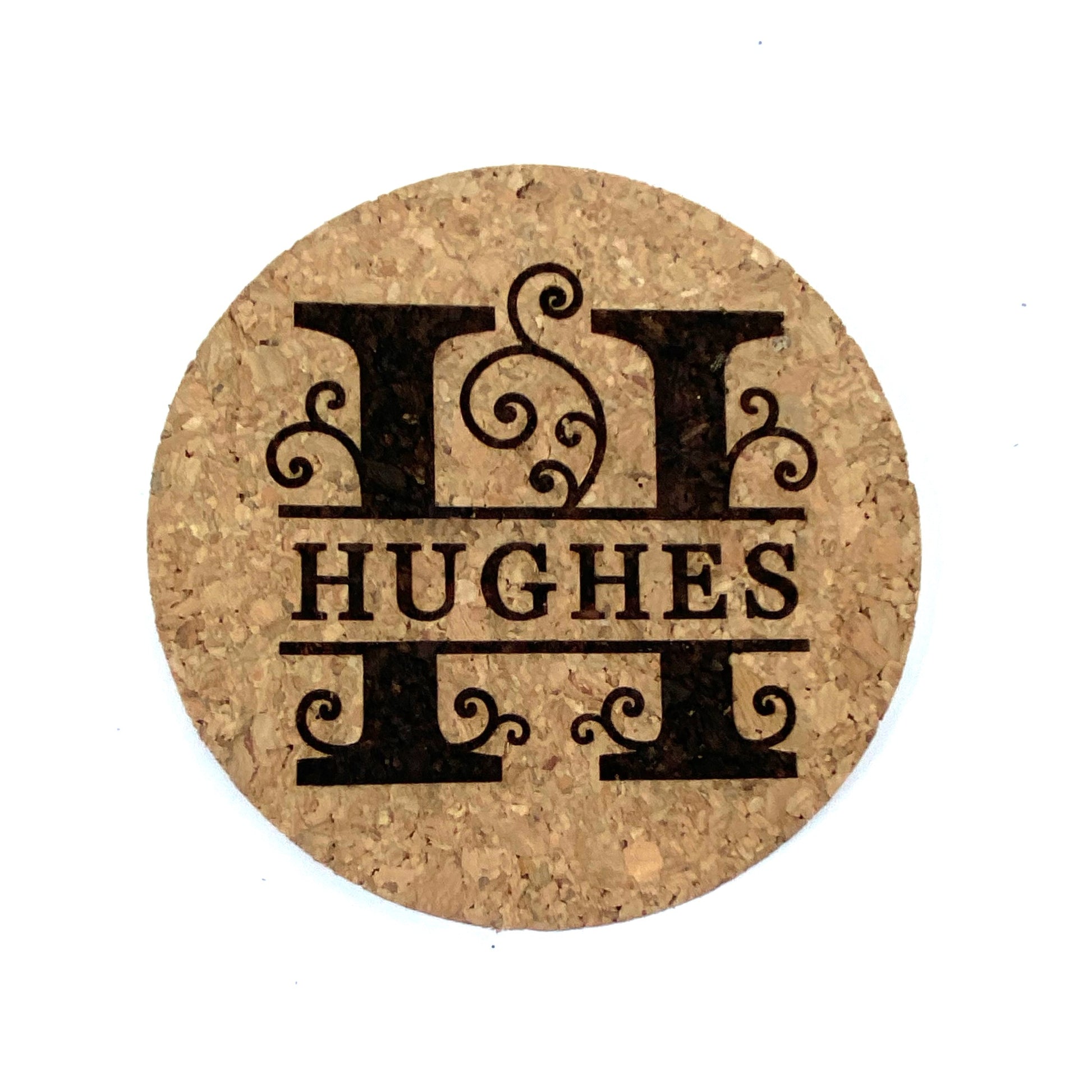 Elegant 4 inch round cork coaster custom engraved with family inital and surname, couples first names and wedding or special date using our Monogram Square Design.