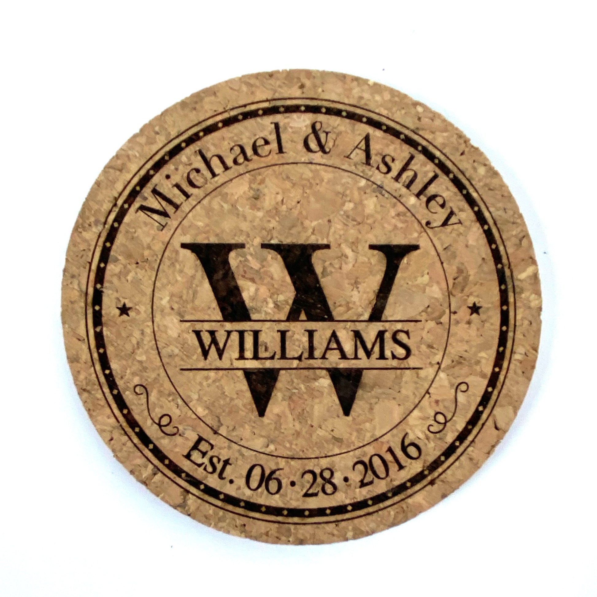 Elegant 4 inch round cork coaster custom engraved with family inital and surname, couples first names and wedding or special date using our Monogram Stamp Design.