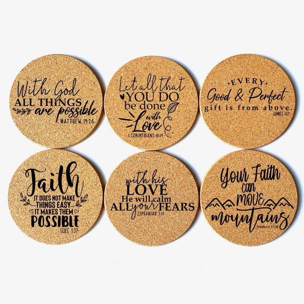 Set of 6 round cork coasters with 6 unique Bible verses to encourage you and your loved ones. 