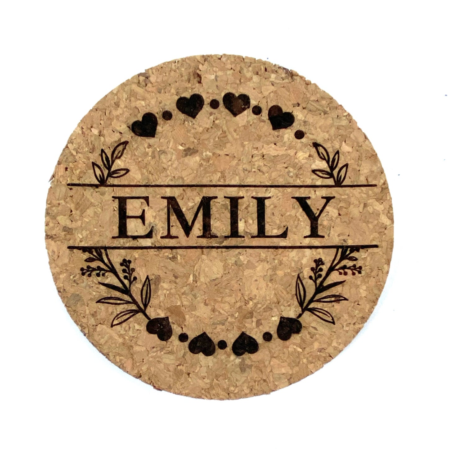 Elegant 4 inch round cork coaster custom engraved with first or last name using our Heart Wreath Design.