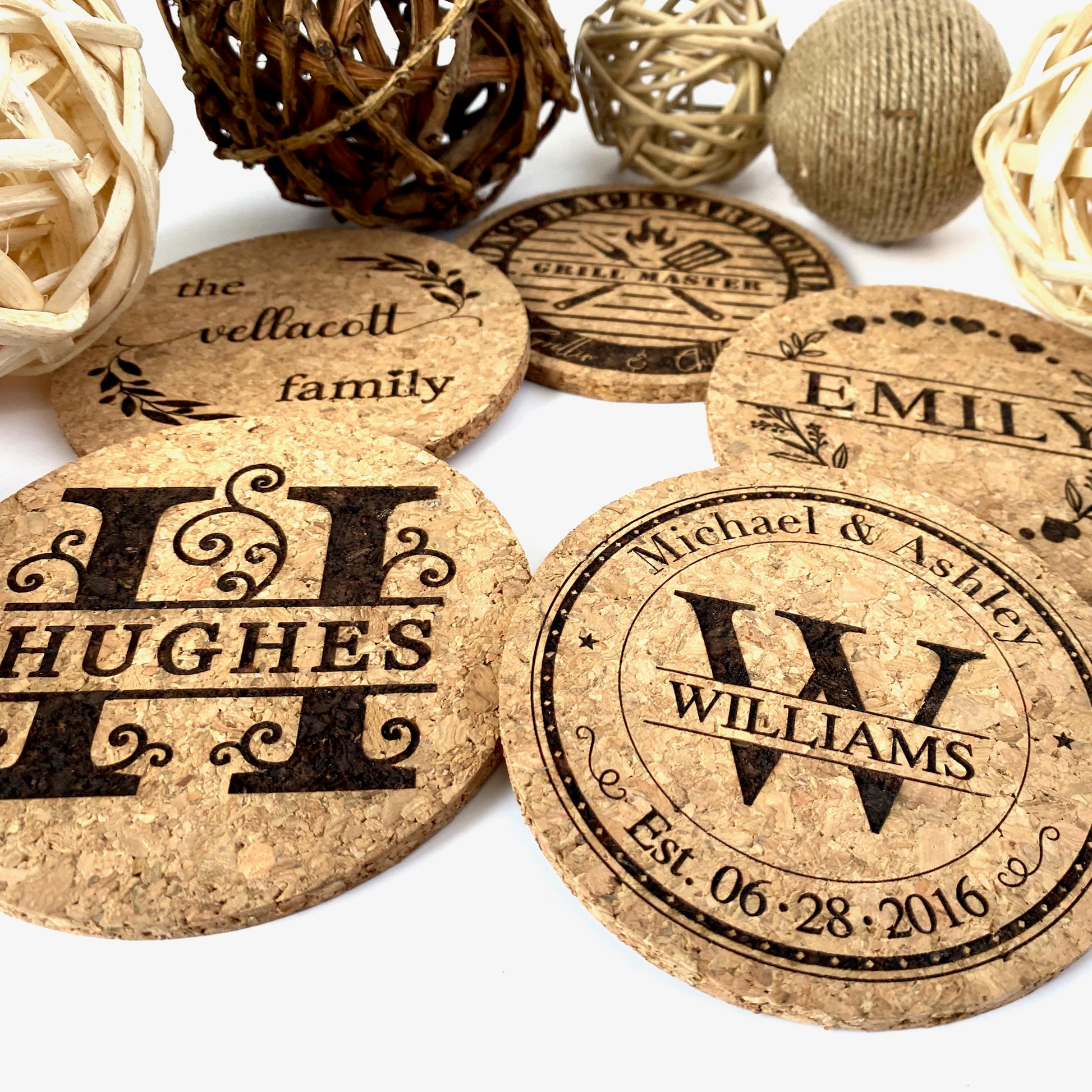 Elegant 4 inch round cork coasters (set of 6) with a choice of one of our custom designs. 