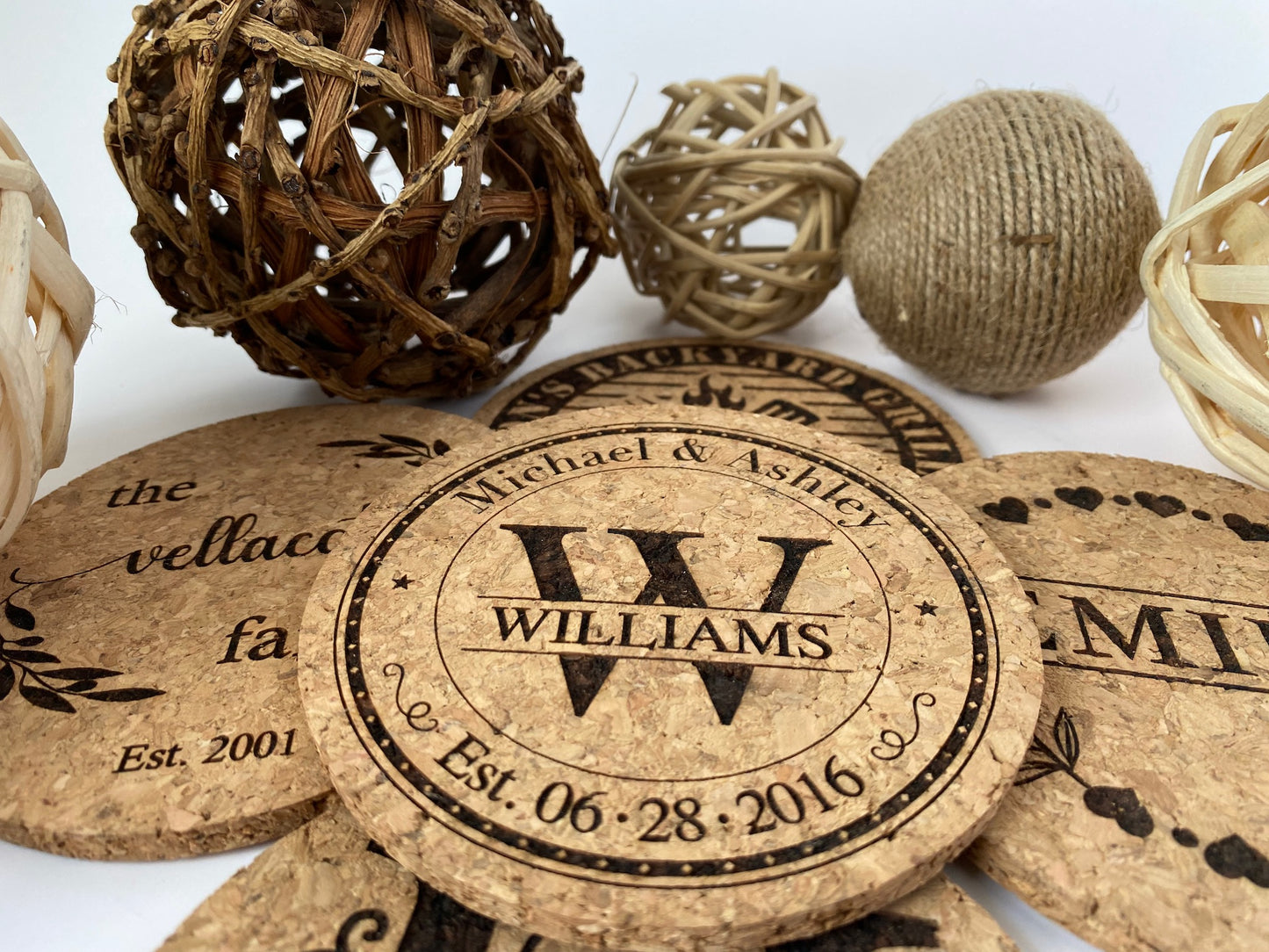 Elegant 4 inch round cork coasters designed especially for you or a loved one in your life. Chose from one of our many designs. 