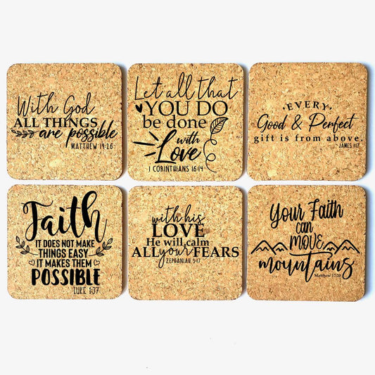 Set of 6 square cork coasters with 6 unique Bible verses to encourage you and your loved ones.