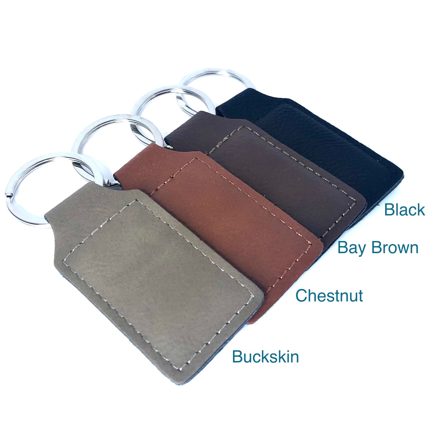 Leather keychains come in 4 popular colors: Black, Bay Brown, Chestnut, or Buckskin.