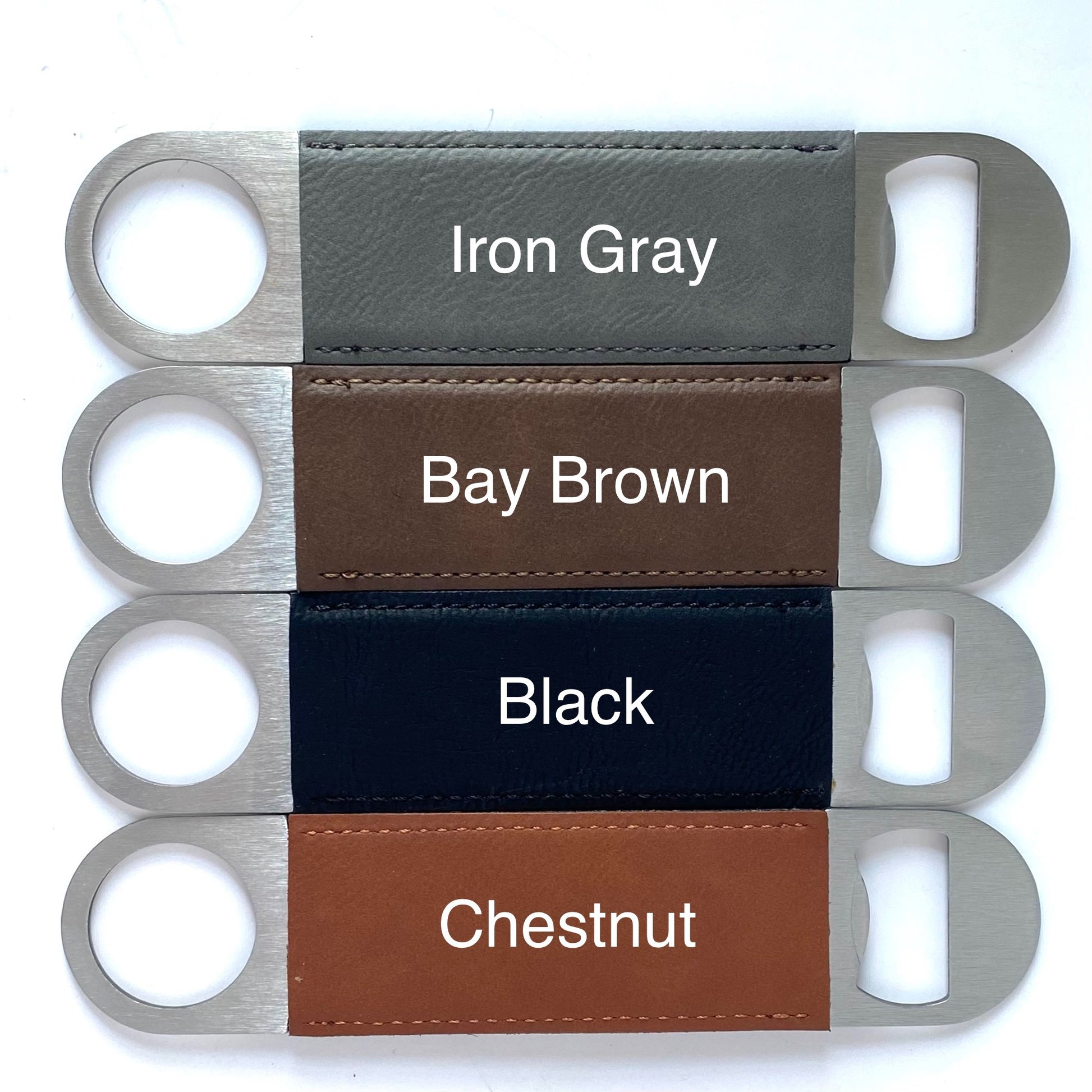 The leather handled 7 inch steel bottle opener comes in 4 stylish colours: Iron Gray, Bay Brown, Black and Chestnut. This come custom engraved with the name of your choice on our stylish Grill Master design.