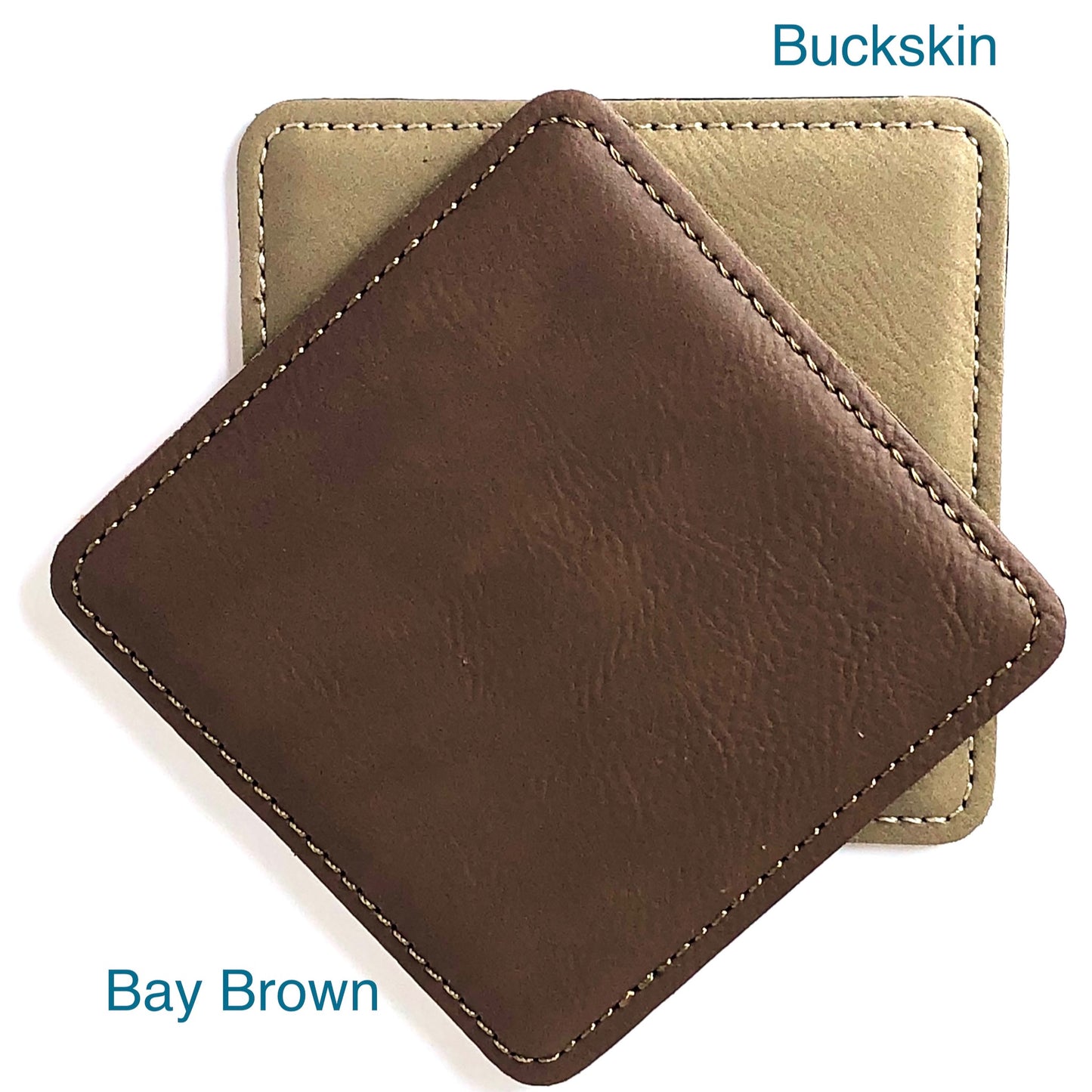 Vintage Custom Leather Coasters in Bay Brown or Buckskin. Displaying the bold richness in color and quality of stitching. 