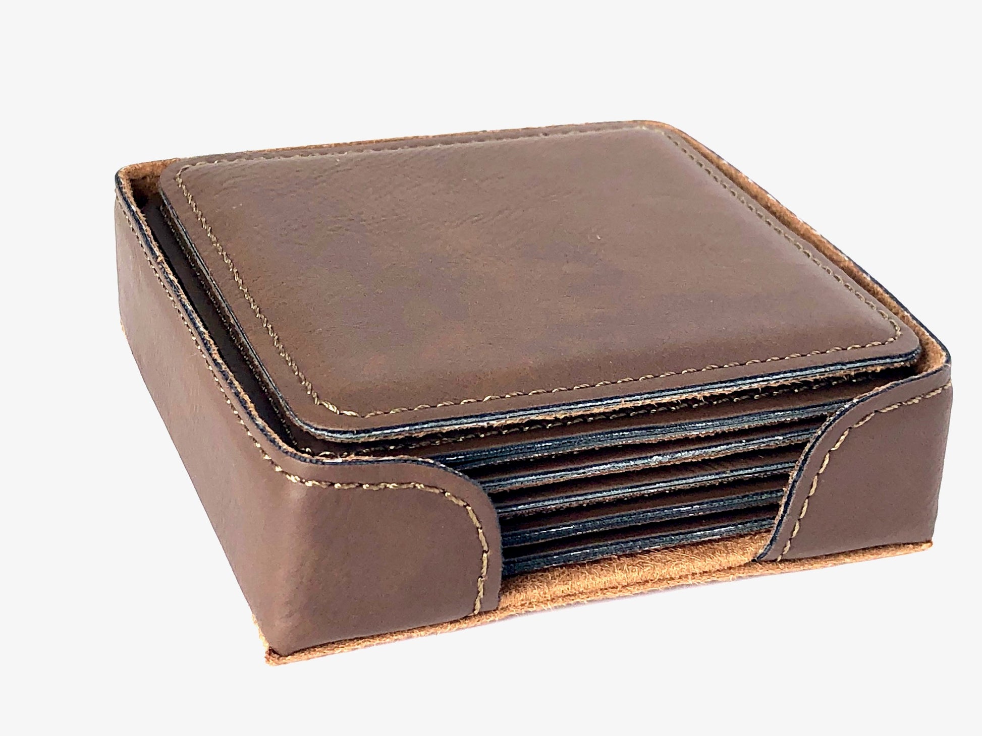 Close up view of Set of 6 square faux leather Bay Brown coaster set and holder.