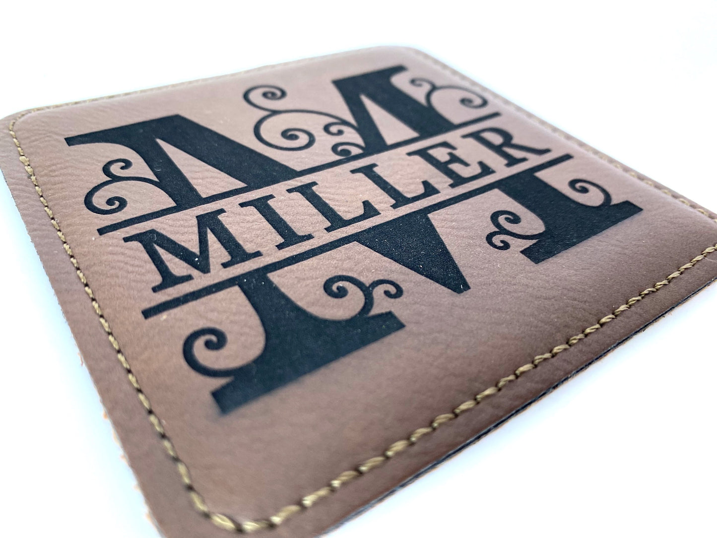 Close up image of engraved leather coaster. Image will never fade or scratch off.