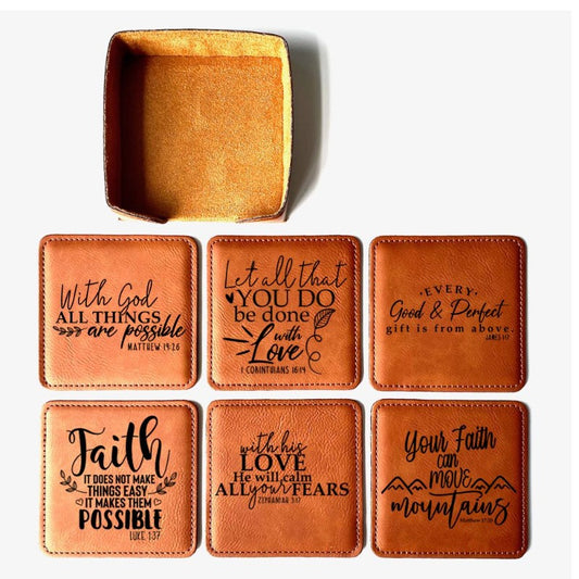 Set of 6 square faux leather Chestnut colored Inspirational Coasters. 6 different Bible verses to encourage you. Comes with a matching coaster holder.