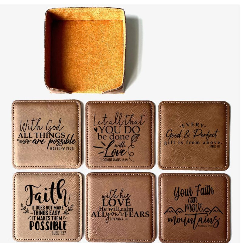 Set of 6 square faux leather Bay Brown colored Inspirational Coasters. 6 different Bible verses to encourage you. Comes with a matching coaster holder.