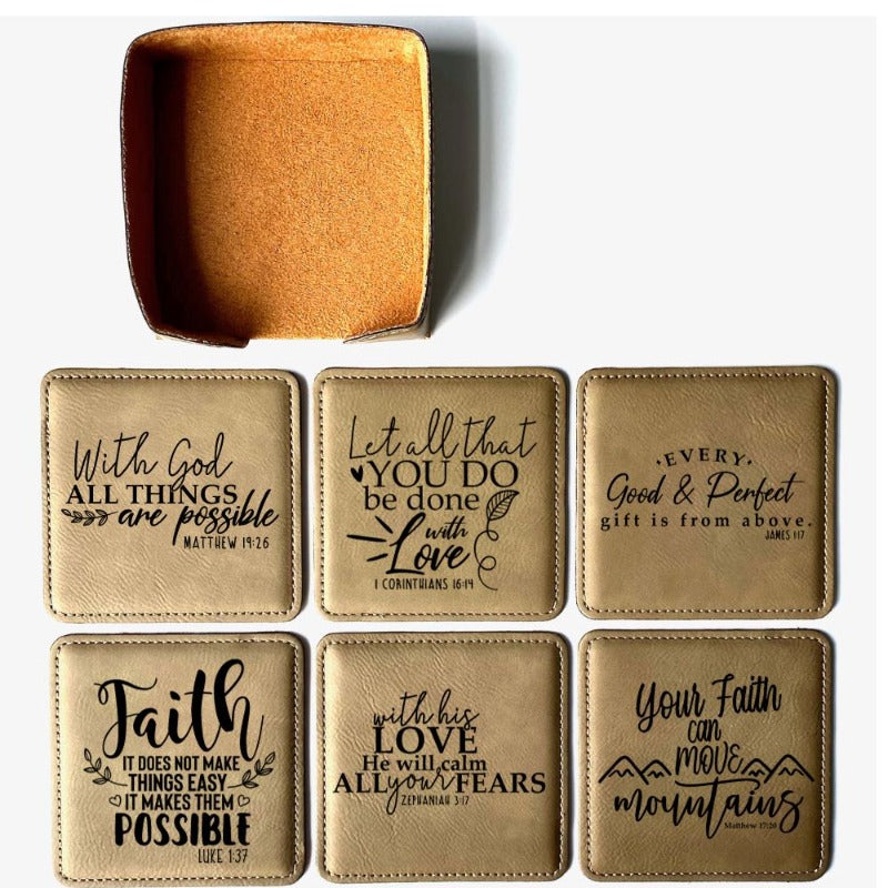 Set of 6 square faux leather Buckskin colored Inspirational Coasters. 6 different Bible verses to encourage you. Comes with a matching coaster holder.