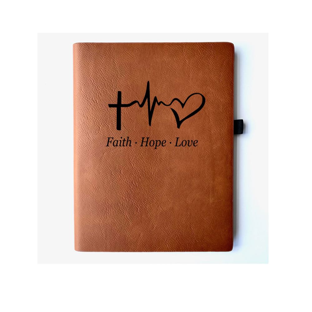 Chestnut Faux leather journal with Faith, Hope, Love engraved. Can be personalized with your name or business logo in the bottom right corner. A matching pen can be engraved to complete the set.