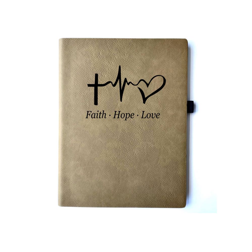 Buckskin Faux leather journal with Faith, Hope, Love engraved. Can be personalized with your name or business logo in the bottom right corner. A matching pen can be engraved to complete the set.