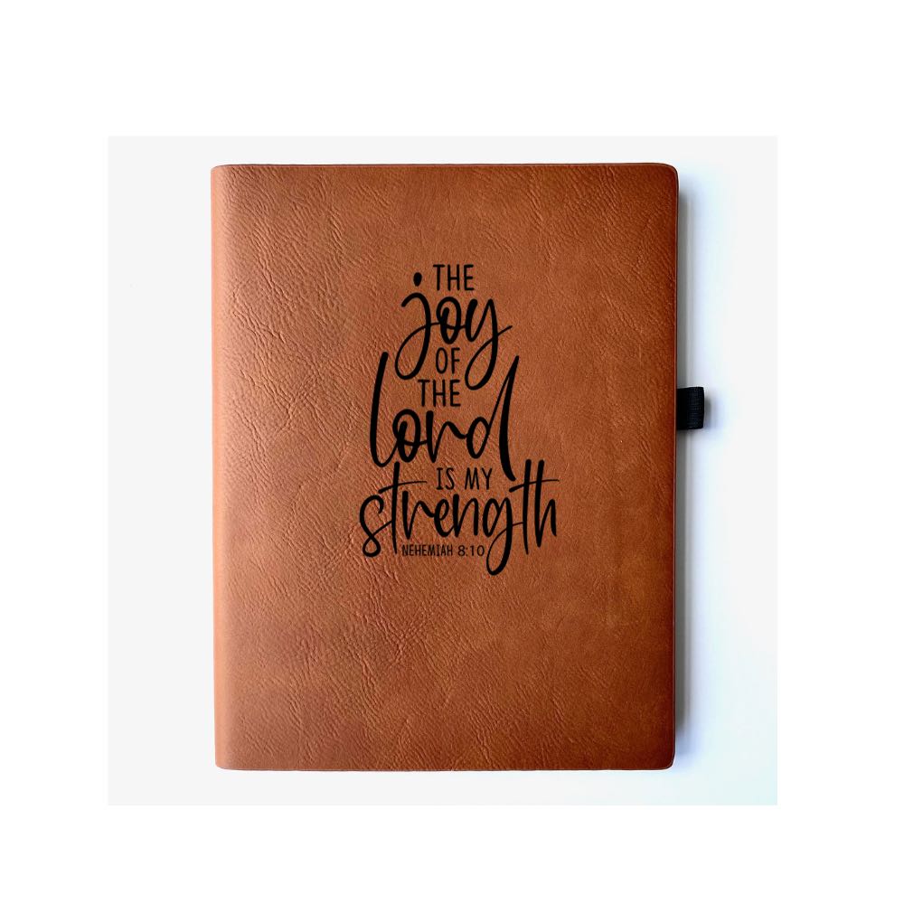 Chestnut Faux leather journal with "Faith Can Move Mountains Matthew 17:20" engraved on it. Can be personalized with your name or business logo in the bottom right corner. A matching pen can be engraved to complete the set.