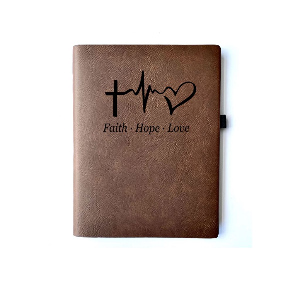 Bay Brown Faux leather journal with Faith, Hope, Love engraved. Can be personalized with your name or business logo in the bottom right corner. A matching pen can be engraved to complete the set.