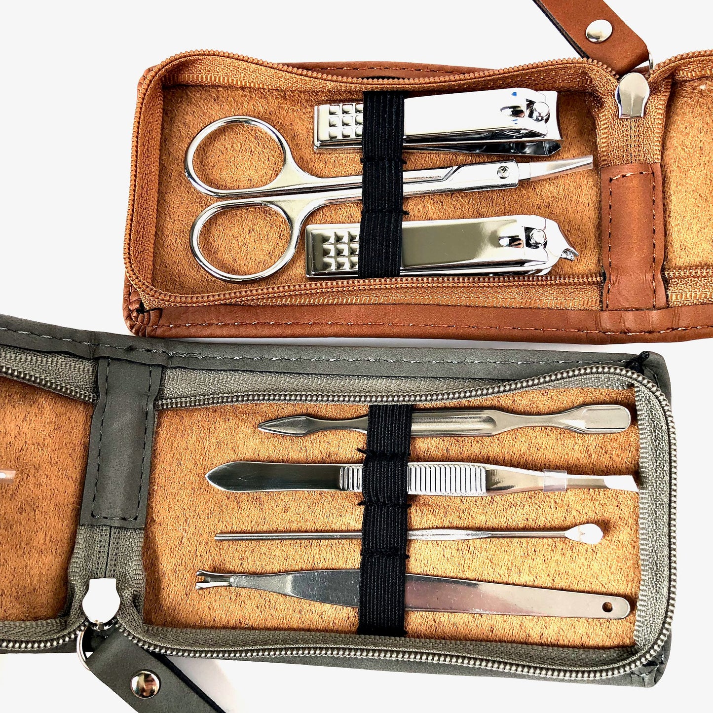 Chestnut and Classic Grey leather manicure sets displaying all 7 manicure tools.