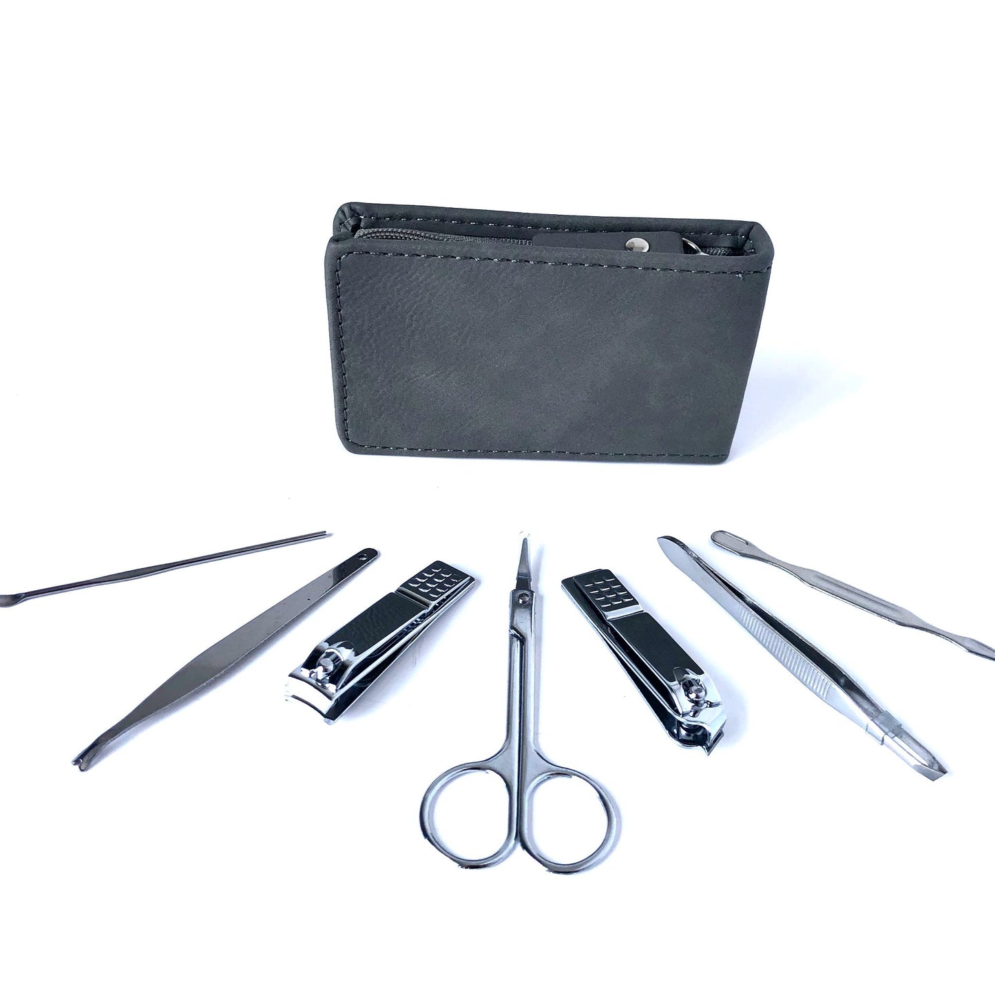 Classic Grey leather manicure set with view of all 7 manicure tools.