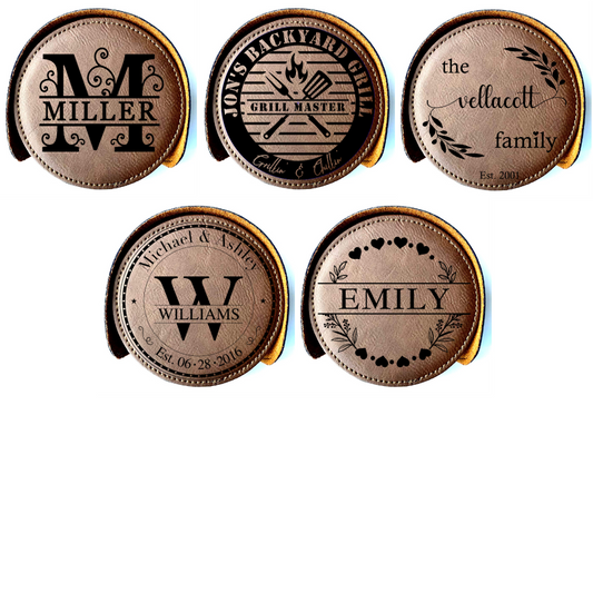 Personalized Round Leather Coaster with Holder (Set of 6)