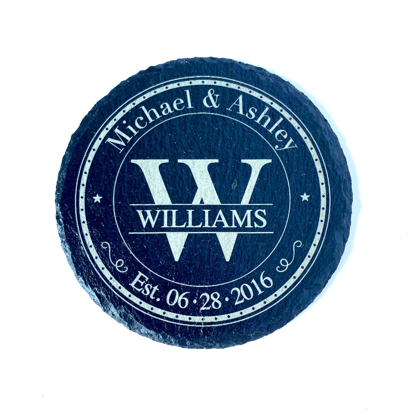 Personalized luxury slate coaster with Monogram Stamp uniquely designed with your surname, initial, first names and wedding or special date.