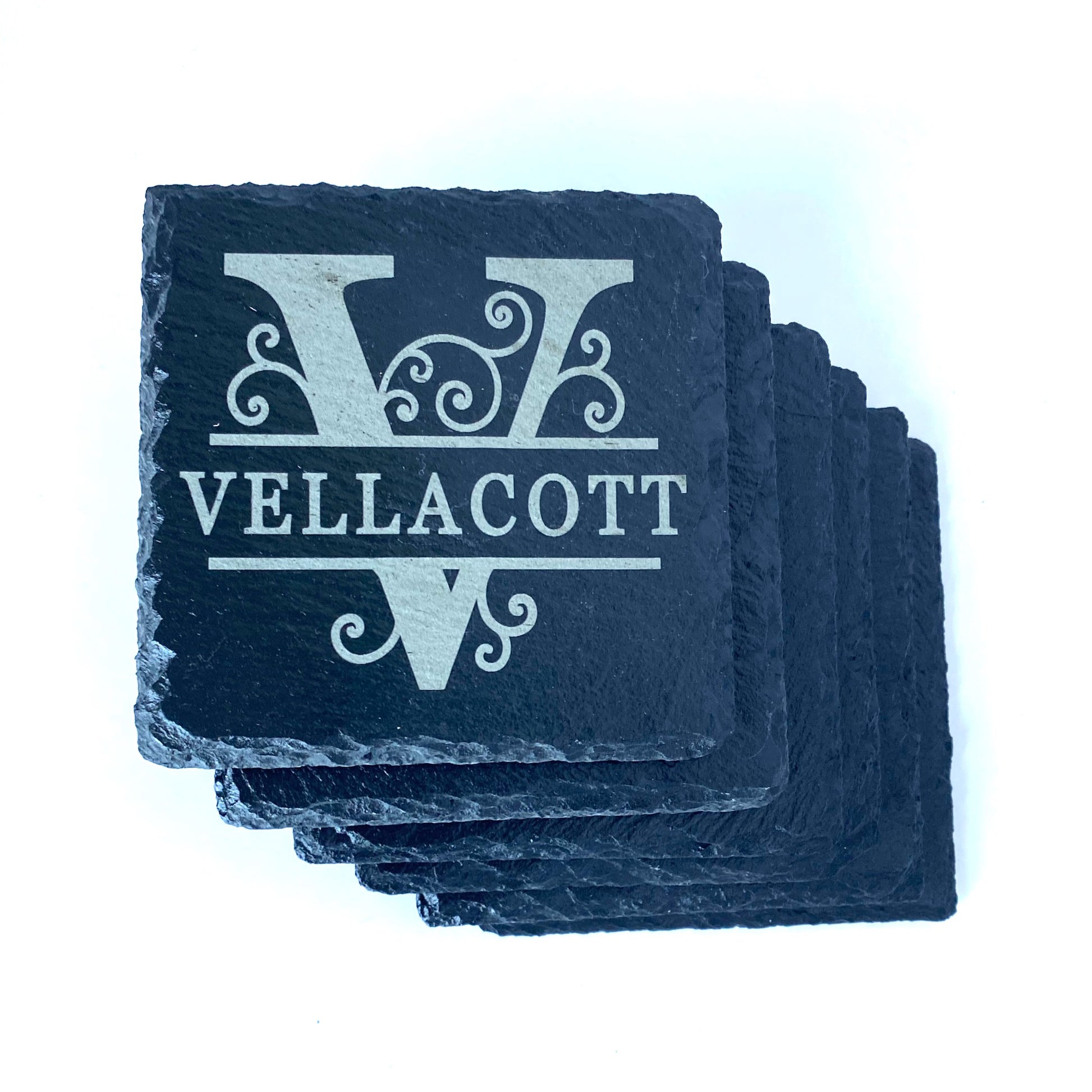 These elegant square slate coasters can be custom engraved individually or as a set. 