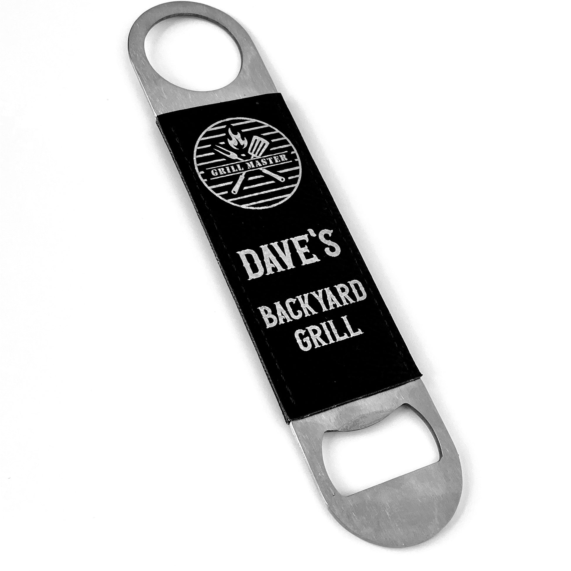 Black faux leather handled 7 inch steel bottle opener personally engraved with your choice of name. 