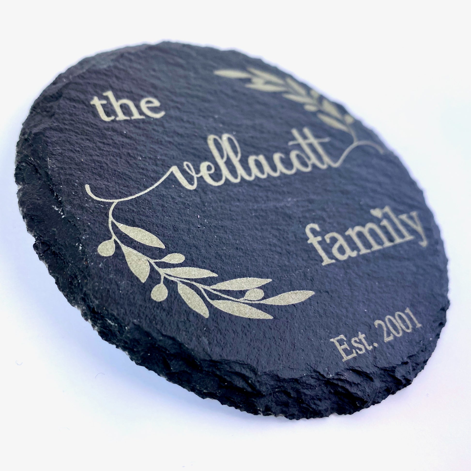 Personalized luxury slate coaster with Olive Round design and your family and wedding or special date inscribed. 